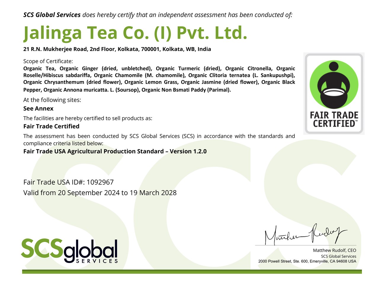 Fair Trade USA certificate for Jalinga Tea Co. (I) Pvt. Ltd., issued by SCS Global Services, valid 20 September 2024 to 19 March 2028