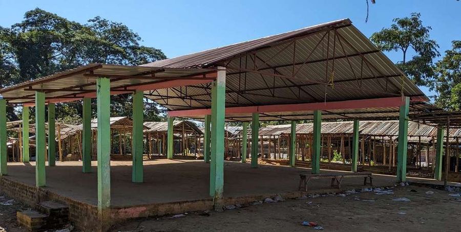 Community hall under construction with bamboo framing